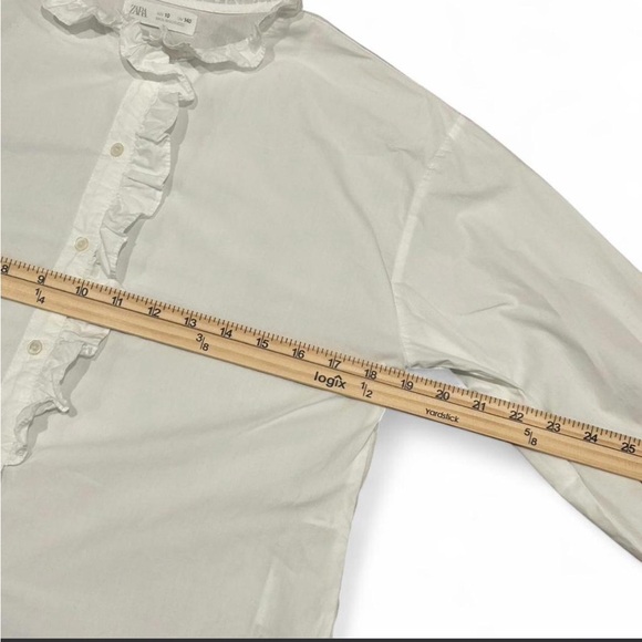 ZARA Poplin Ruffle 3/4 Long Sleeve Button Up Blouse | White | Size 10 - Picture 6 of 8